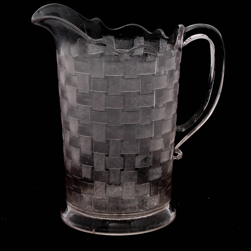 Flint Glass Company "Basketweave" Early American Pattern Glass Pitcher, 1887