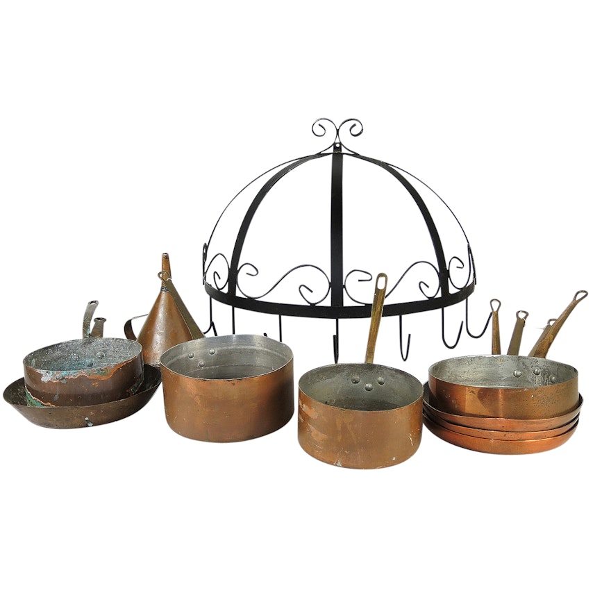 Copper Clad Pots and Pans with Hanging Rack