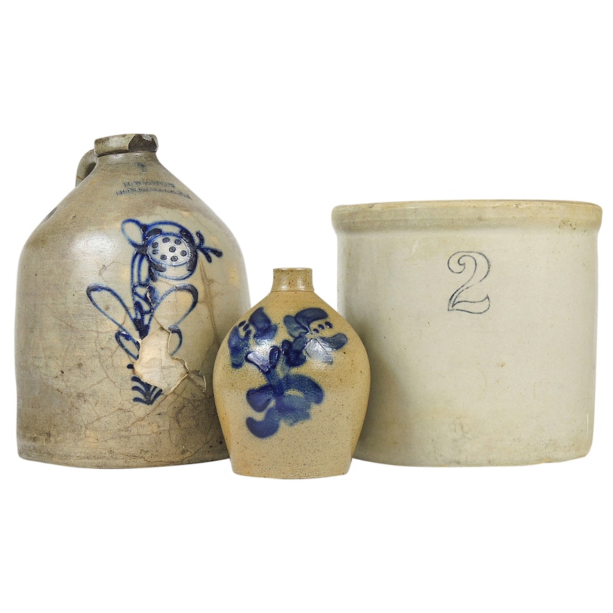 Cobalt Decorated Stoneware Jugs and Crock Including Honesdale Pottery