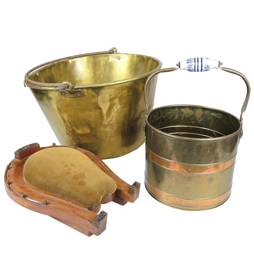 Brass Buckets Including The American Brass Kettle Mfg. and Horseshoe Foot Rest