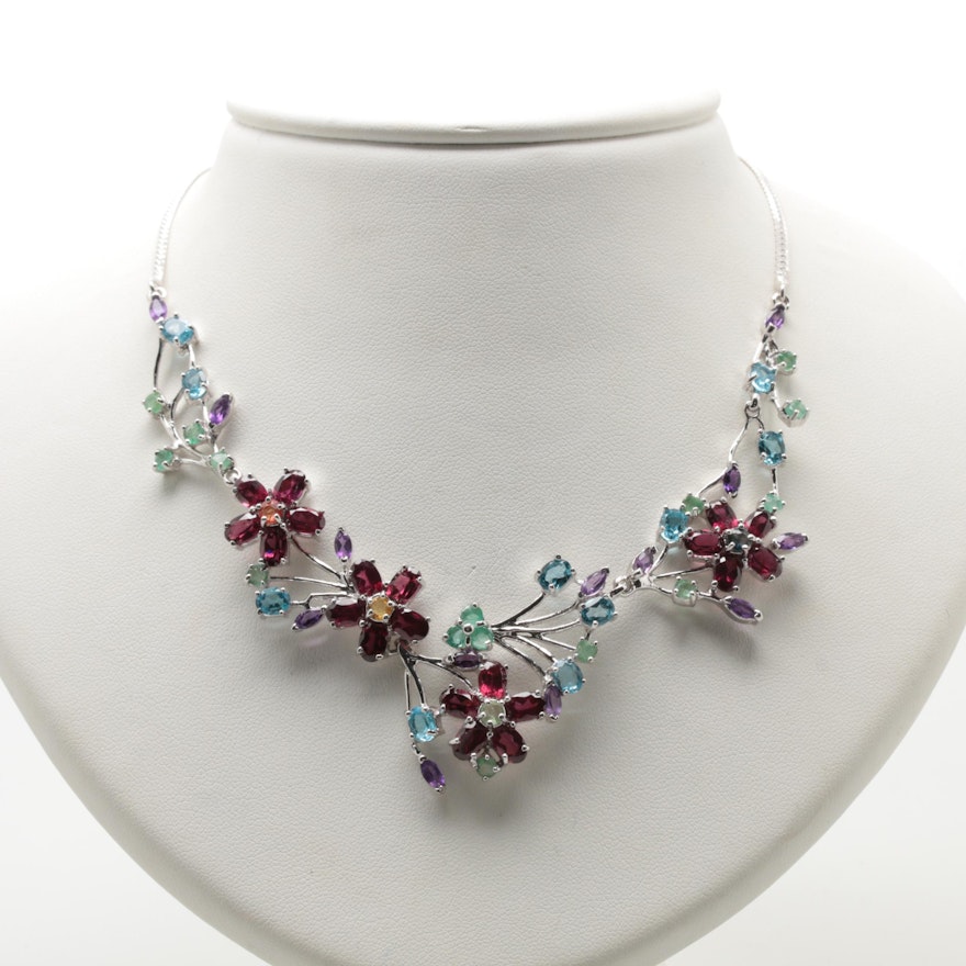 Sterling Silver Garnet, Blue Topaz and Emerald Floral Motif Necklace