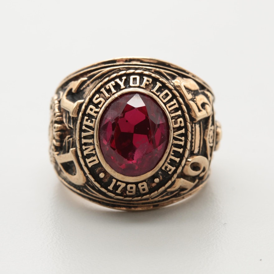 10K Yellow Gold Synthetic Ruby 1957 University of Louisville Ring