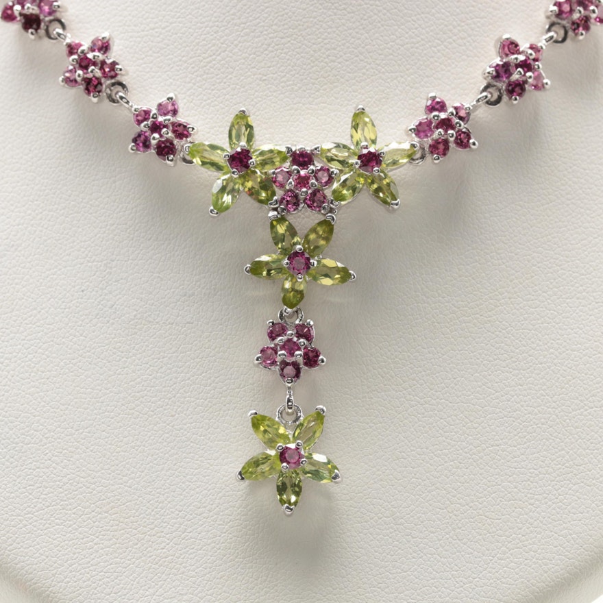 Sterling Silver Peridot and Rhodolite Garnet Floral Motif Necklace