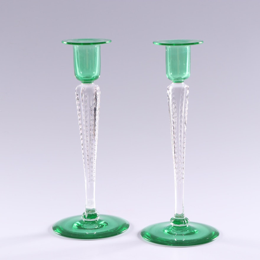 Clear and Green Glass Candlesticks