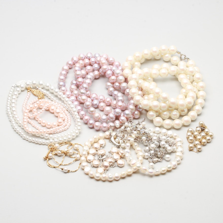 Silver and Gold Tone Jewelry Selection Including Cultured and Imitation Pearl