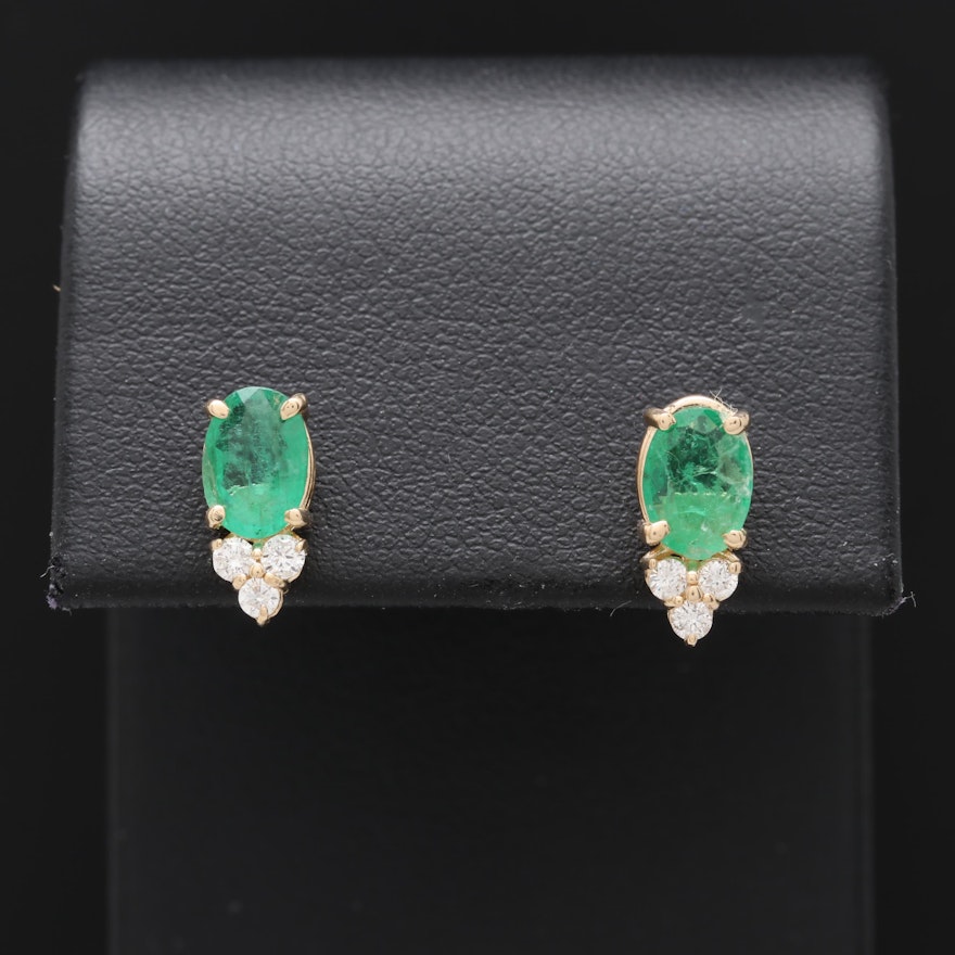 14K Yellow Gold Emerald and Diamond Stud Earrings