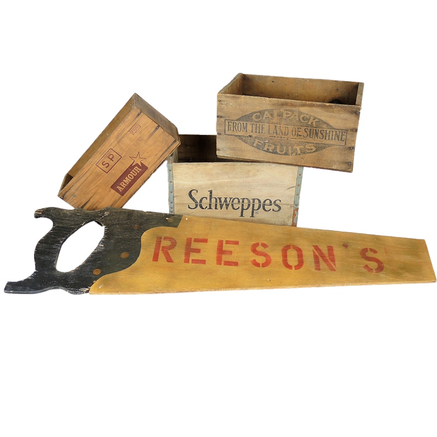 Vintage Wooden Crates Featuring Schweppes and "Reeson's" Sign