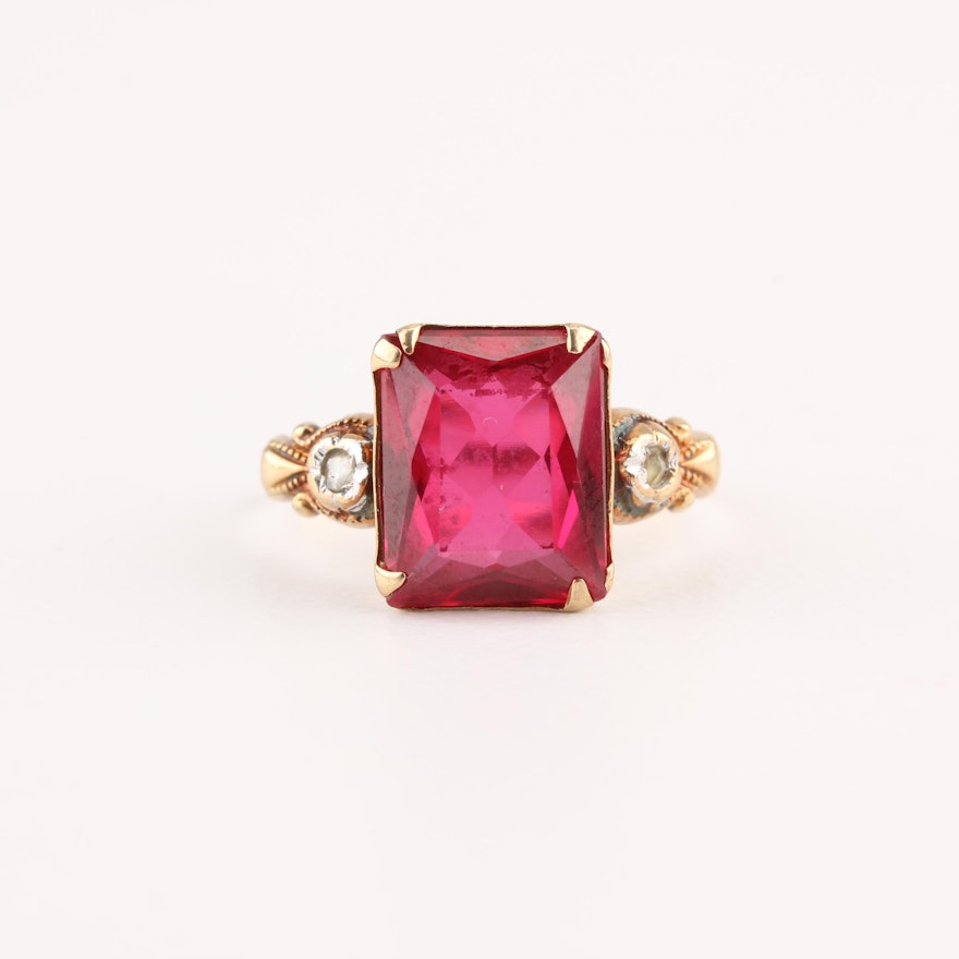 Victorian 10K Yellow Gold Synthetic Ruby and Diamond Ring