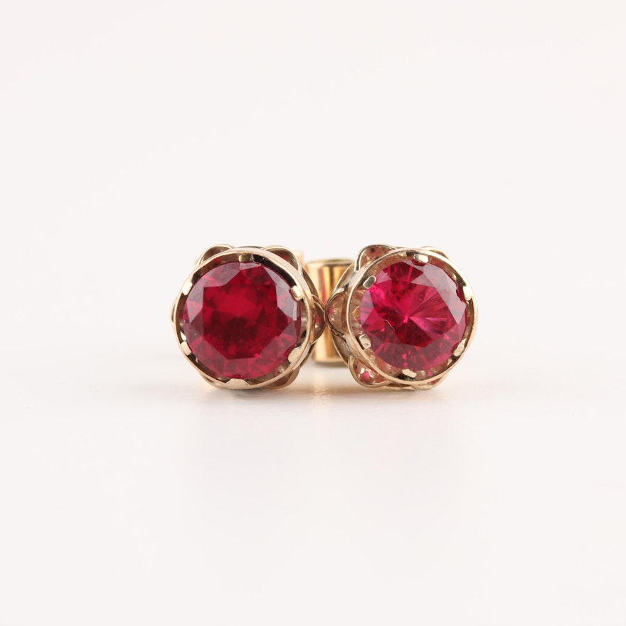 Vintage 14K Yellow Gold Synthetic Ruby Stud Earrings