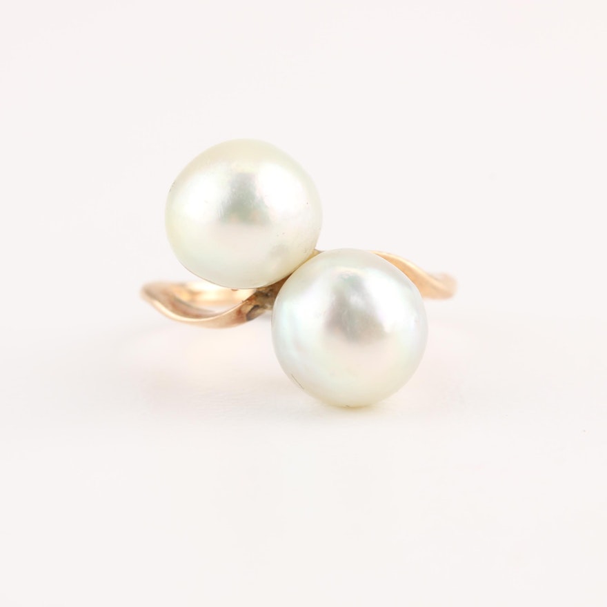 Vintage 14K Yellow Gold Cultured Pearl Bypass Ring