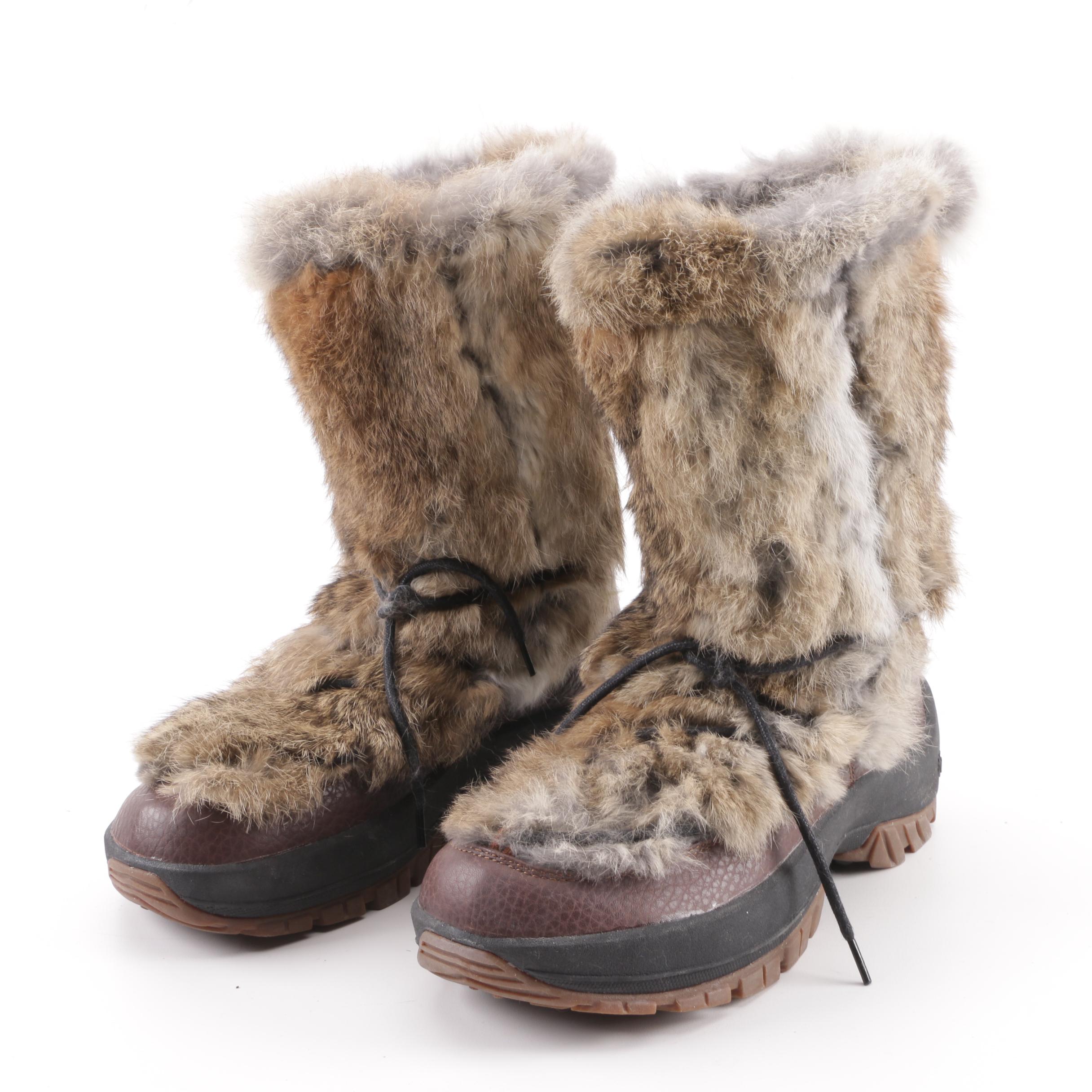 Women's Ulu Rabbit Fur Trim and Brown Leather Winter Boots