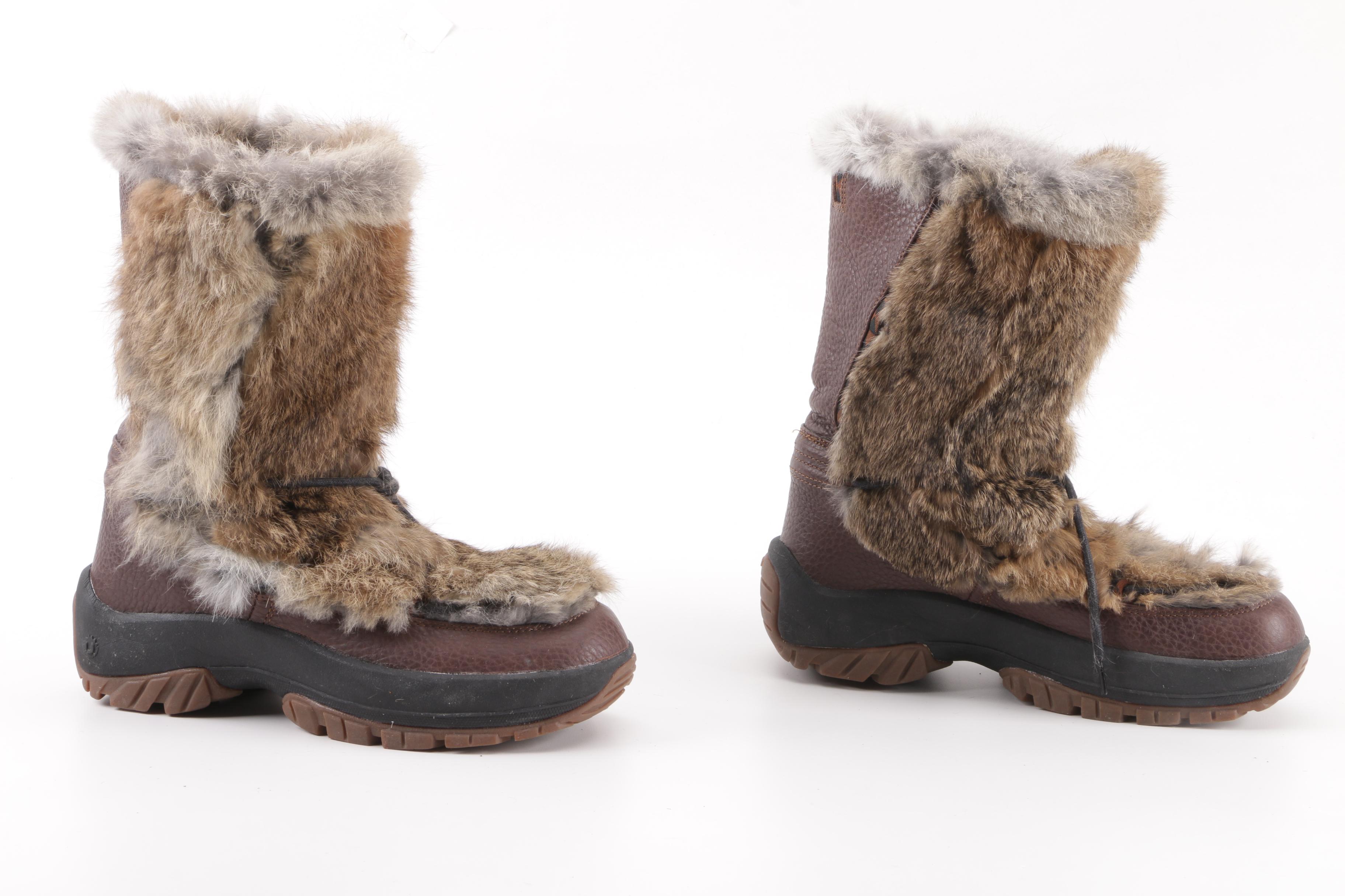 Women's Ulu Rabbit Fur Trim and Brown Leather Winter Boots