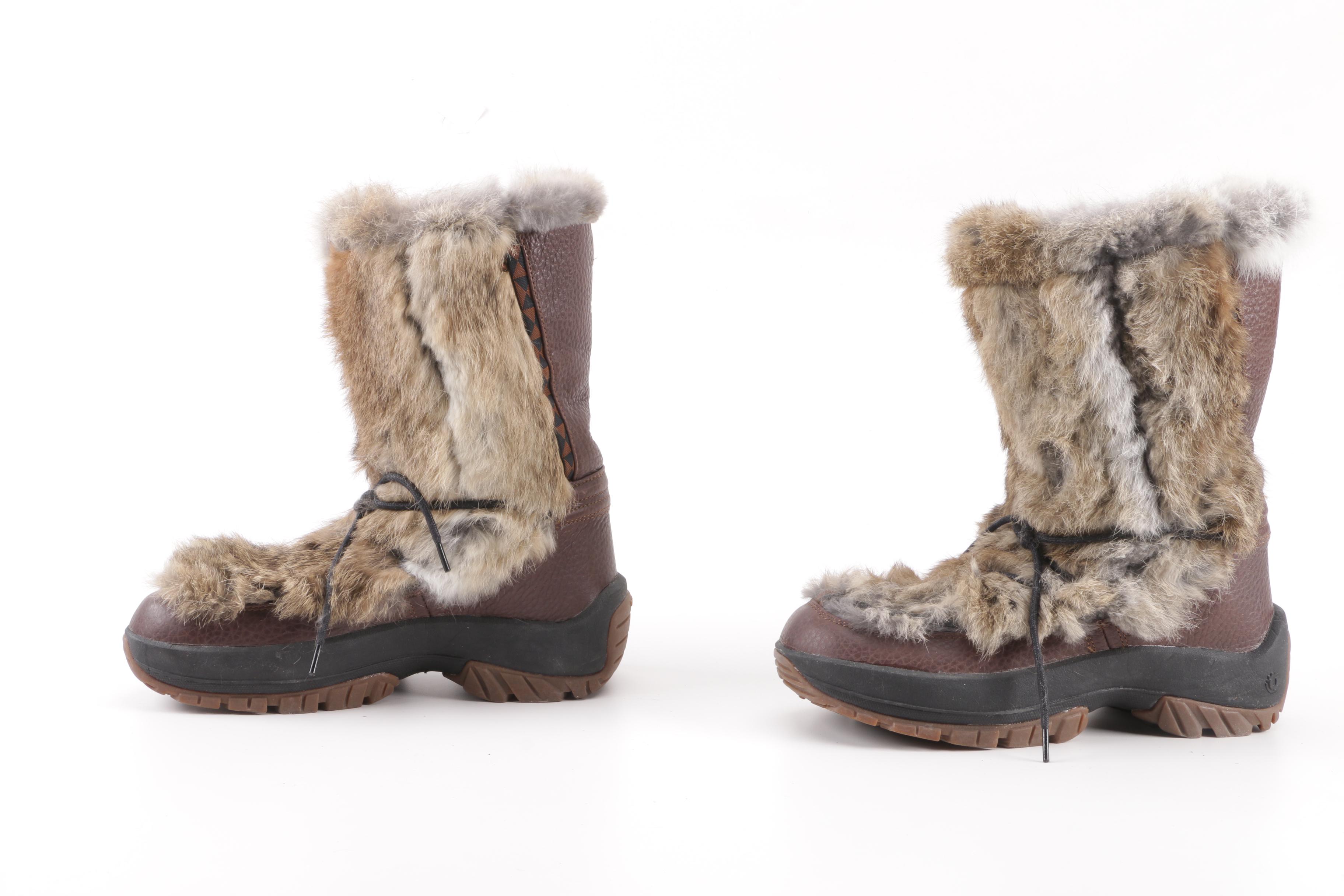 Women's Ulu Rabbit Fur Trim and Brown Leather Winter Boots