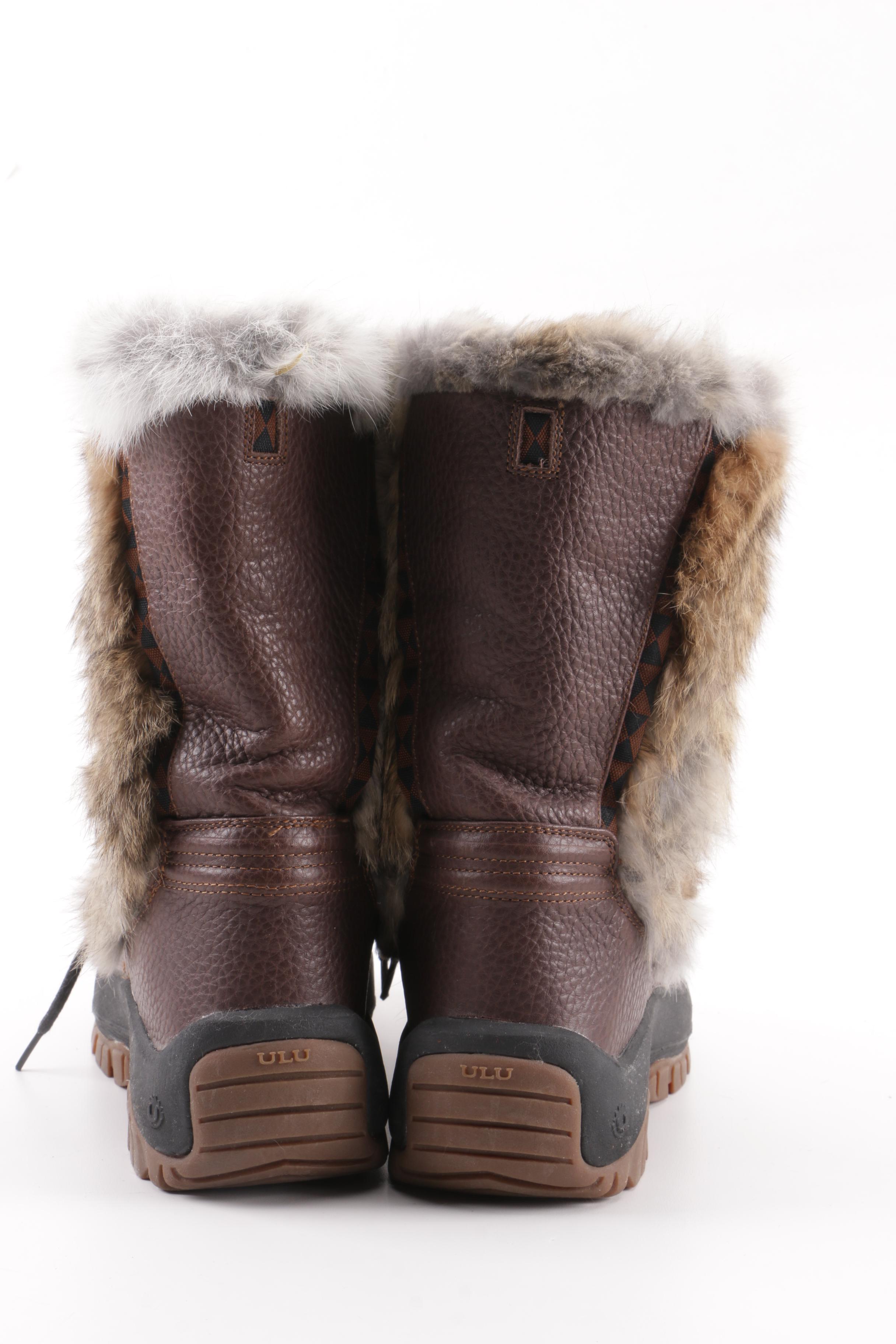 Women's Ulu Rabbit Fur Trim and Brown Leather Winter Boots