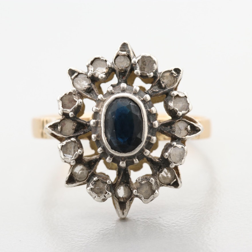 Vintage 18K Yellow Gold and Sterling Blue Sapphire and Diamond Ring