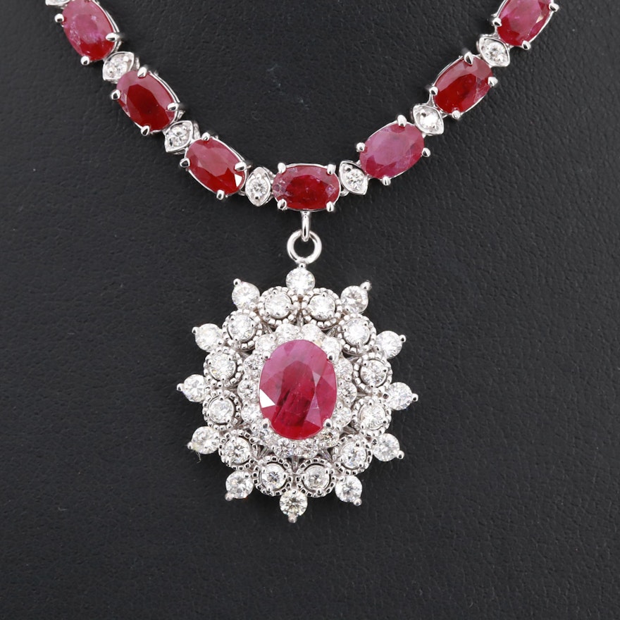 14K White Gold Ruby and 2.46 CTW Diamond Necklace with 1.37 CT Center Stone