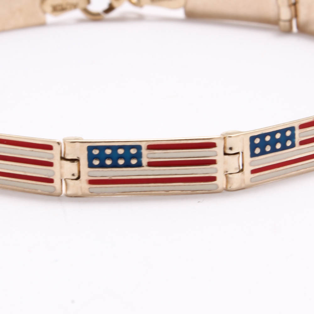 10K Yellow Gold Enameled American Flag Motif Link Bracelet