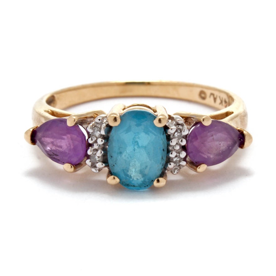 14K Yellow Gold Blue Topaz, Amethyst, and Diamond Ring