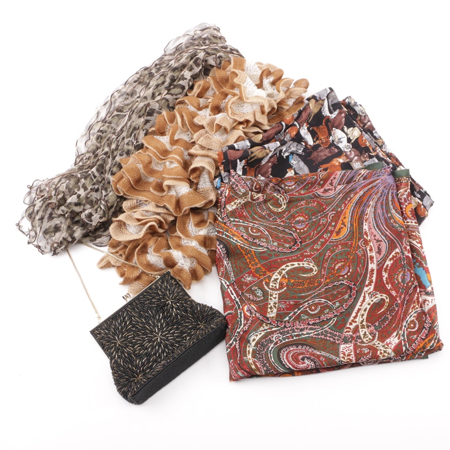 Women's Printed and Knit Scarves with Magid Beaded Handbag