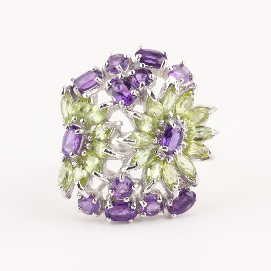 Sterling Silver Amethyst and Quartz Floral Motif Ring