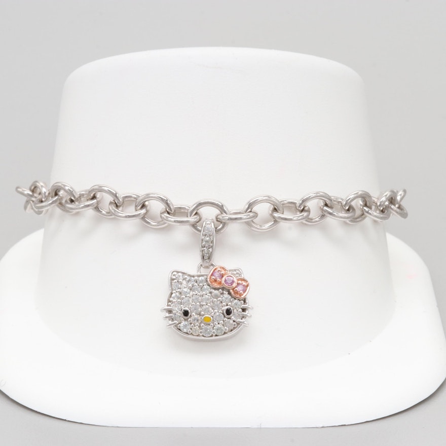 Hello Kitty Sterling Silver Synthetic Sapphire and Enamel Toggle Charm Bracelet