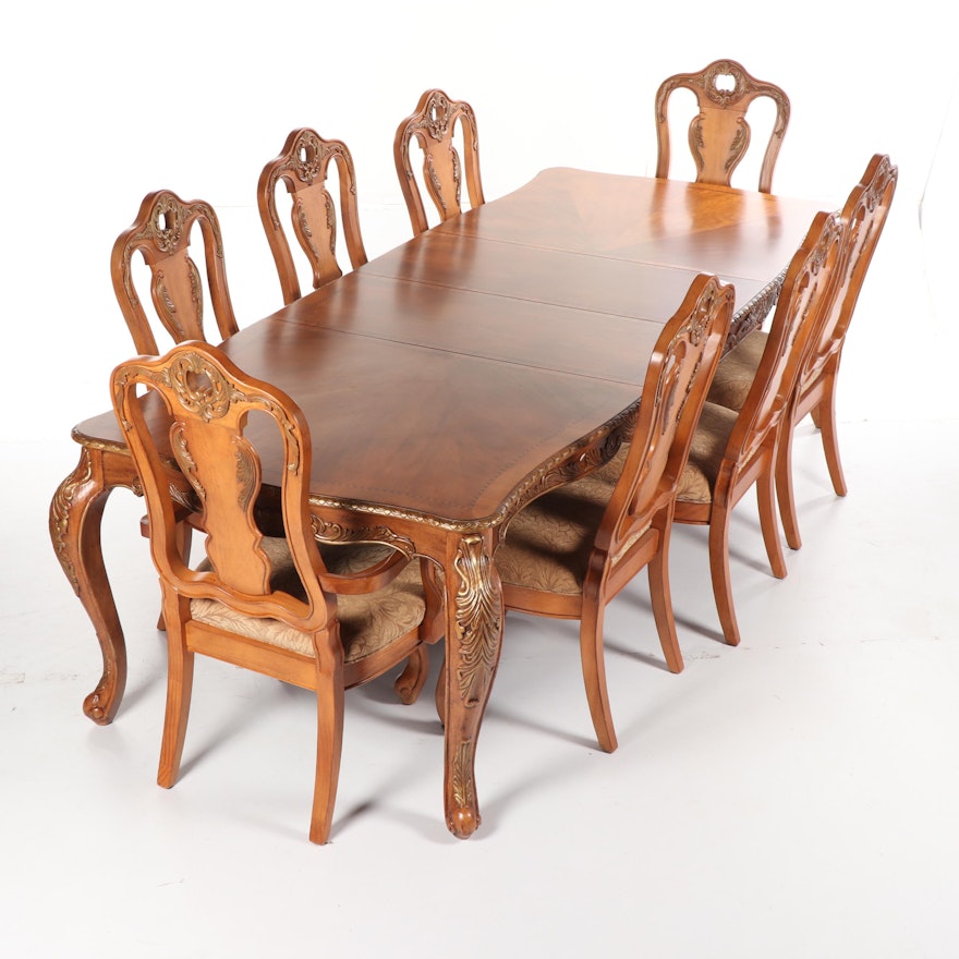 French Style Walnut Dining Table and Eight Chairs Set, 21st Century