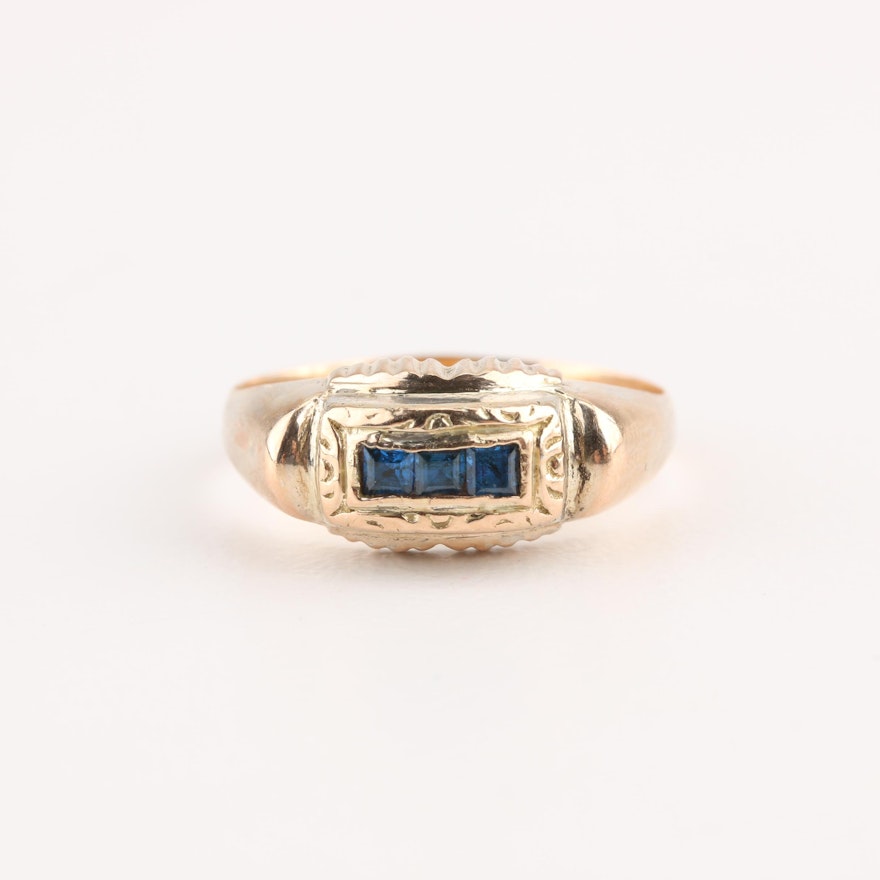 Art Deco 18K and 14K Yellow Gold Blue Topaz Ring