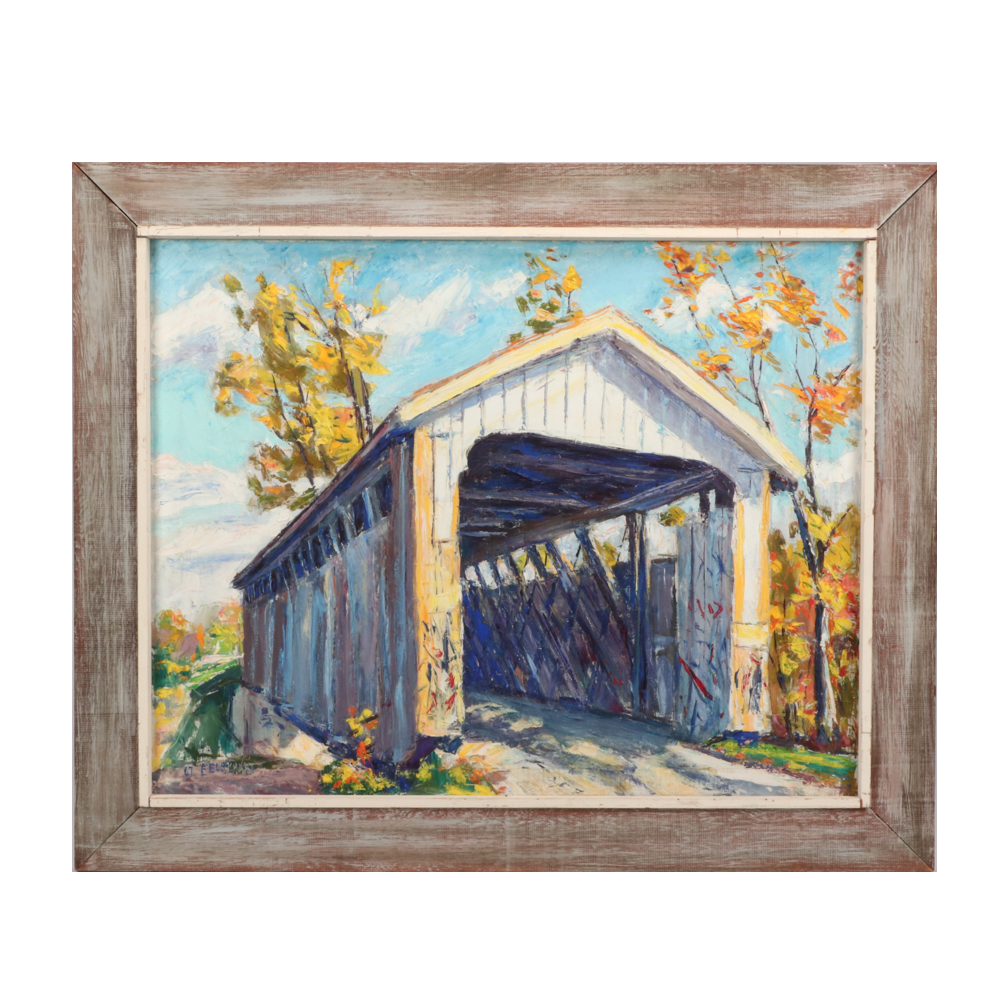 Emerson Burkhart 1967 Oil Painting of Covered Bridge