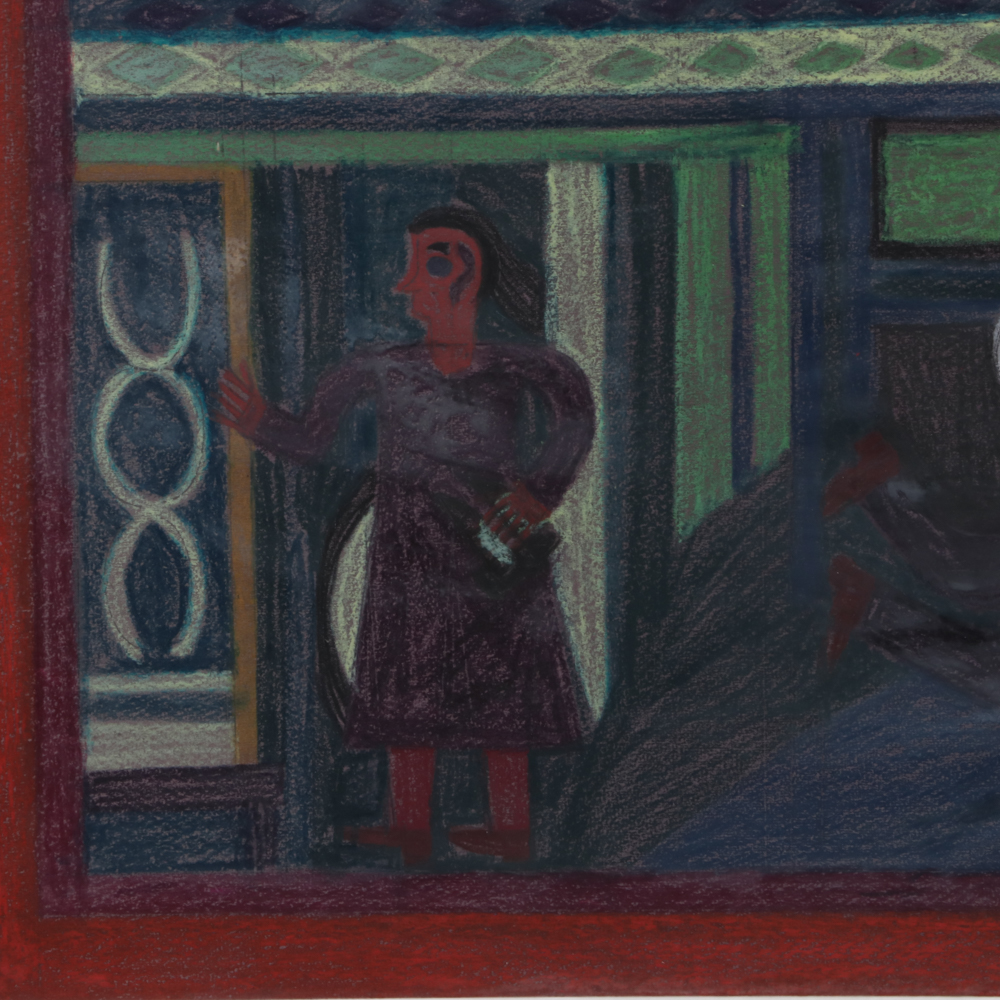 Eddie Arning Naive Cray-Pas Oil Pastel Drawing