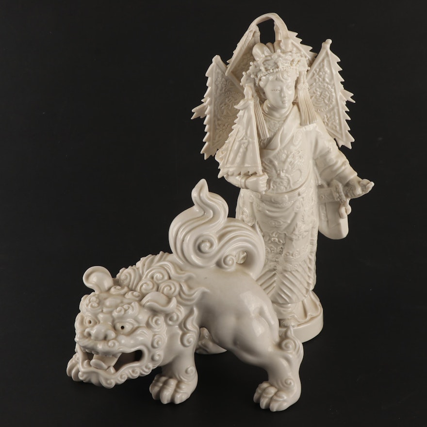 Otagiri Japanese Guardian Lion with Chinese Opera Artist Blanc de Chine Figurine