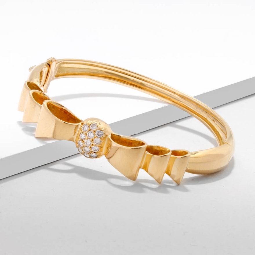 18K Yellow Gold and Diamond Hinged Bangle Bracelet