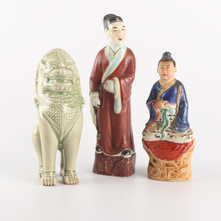 Chinese Female Figurines and Thai Celadon Guardian Lion