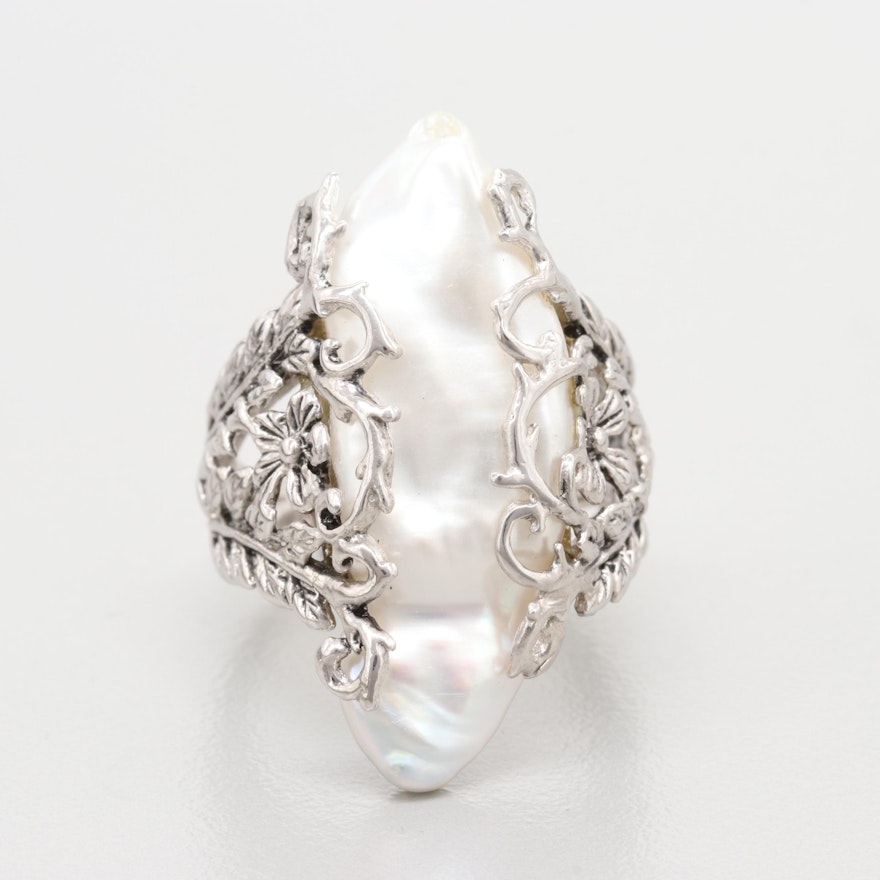 Sterling Silver Cultured Pearl Foliate Ring