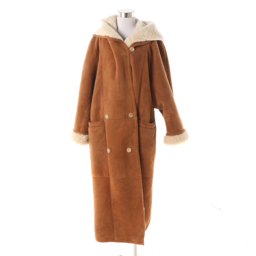 Women's Vintage Sawyer of Napa Suede and Shearling Double-Breasted Hooded Coat