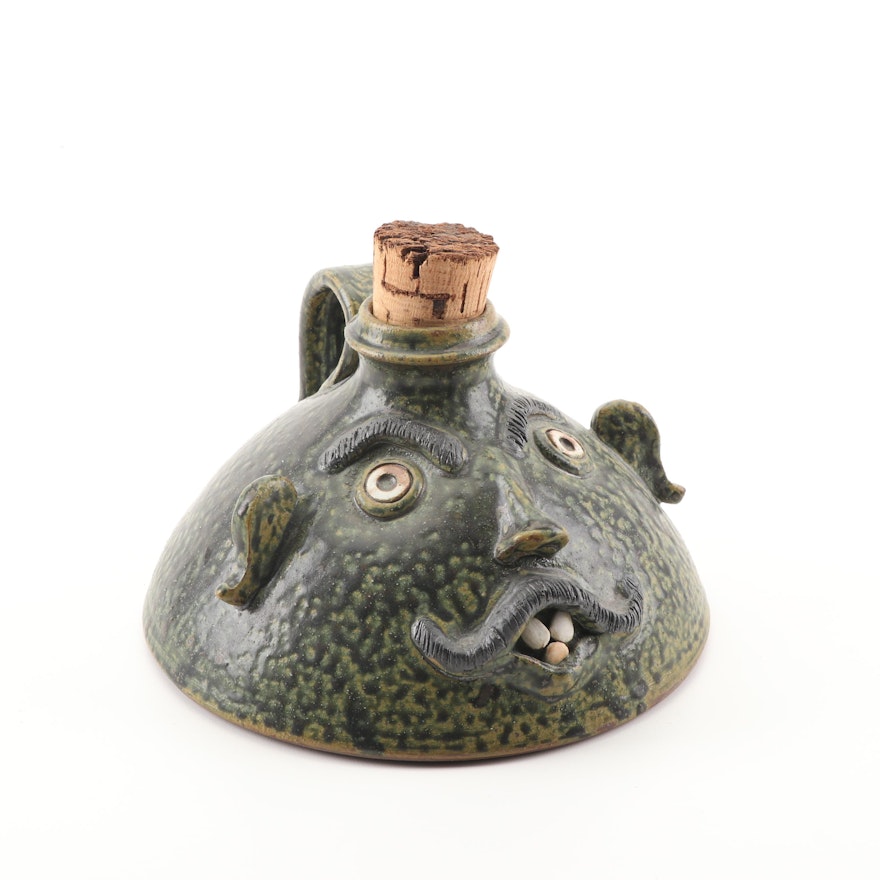 Sid Luck of Seagrove, NC Stoneware Face Jug with "Crawdad Slip" Glaze