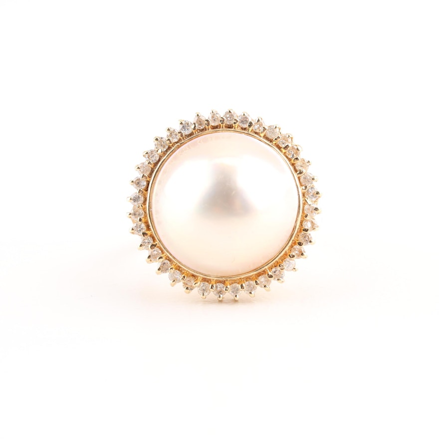 14K Yellow Gold Cultured Mabe Pearl and Diamond Ring