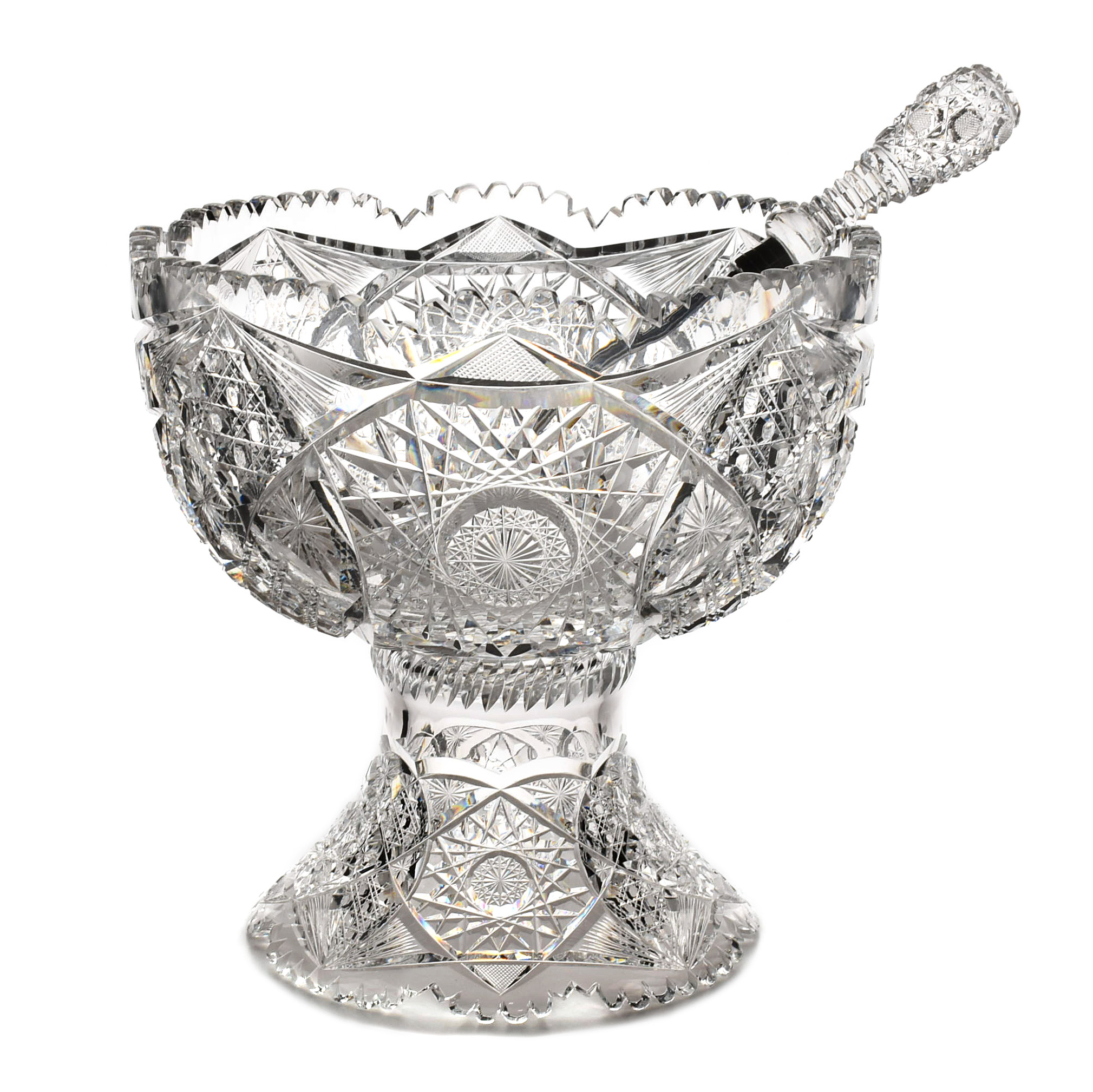 American Brilliant Period Cut Crystal Punch Bowl, Stand and Pairpoint Ladle