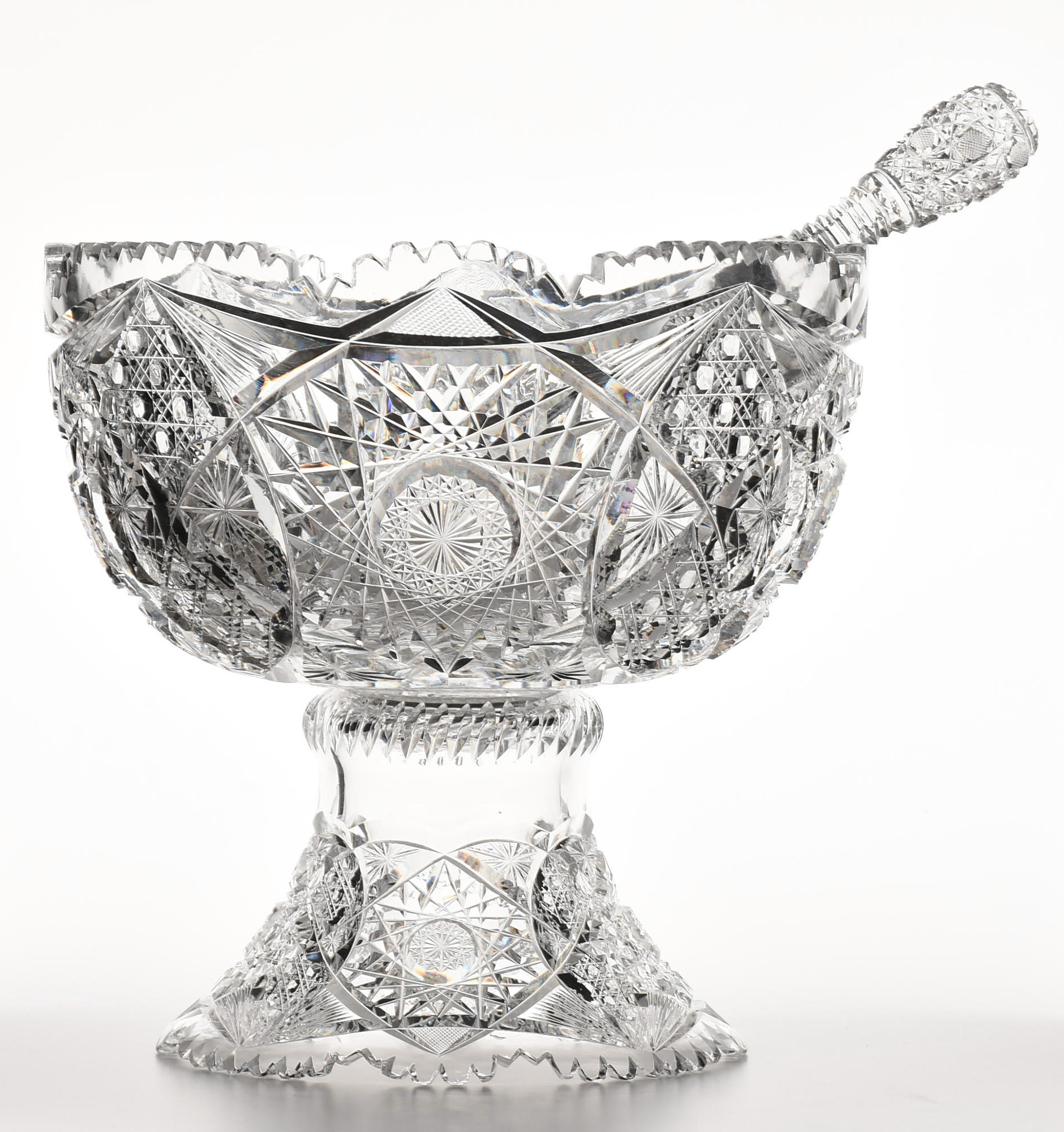 American Brilliant Period Cut Crystal Punch Bowl, Stand and Pairpoint Ladle