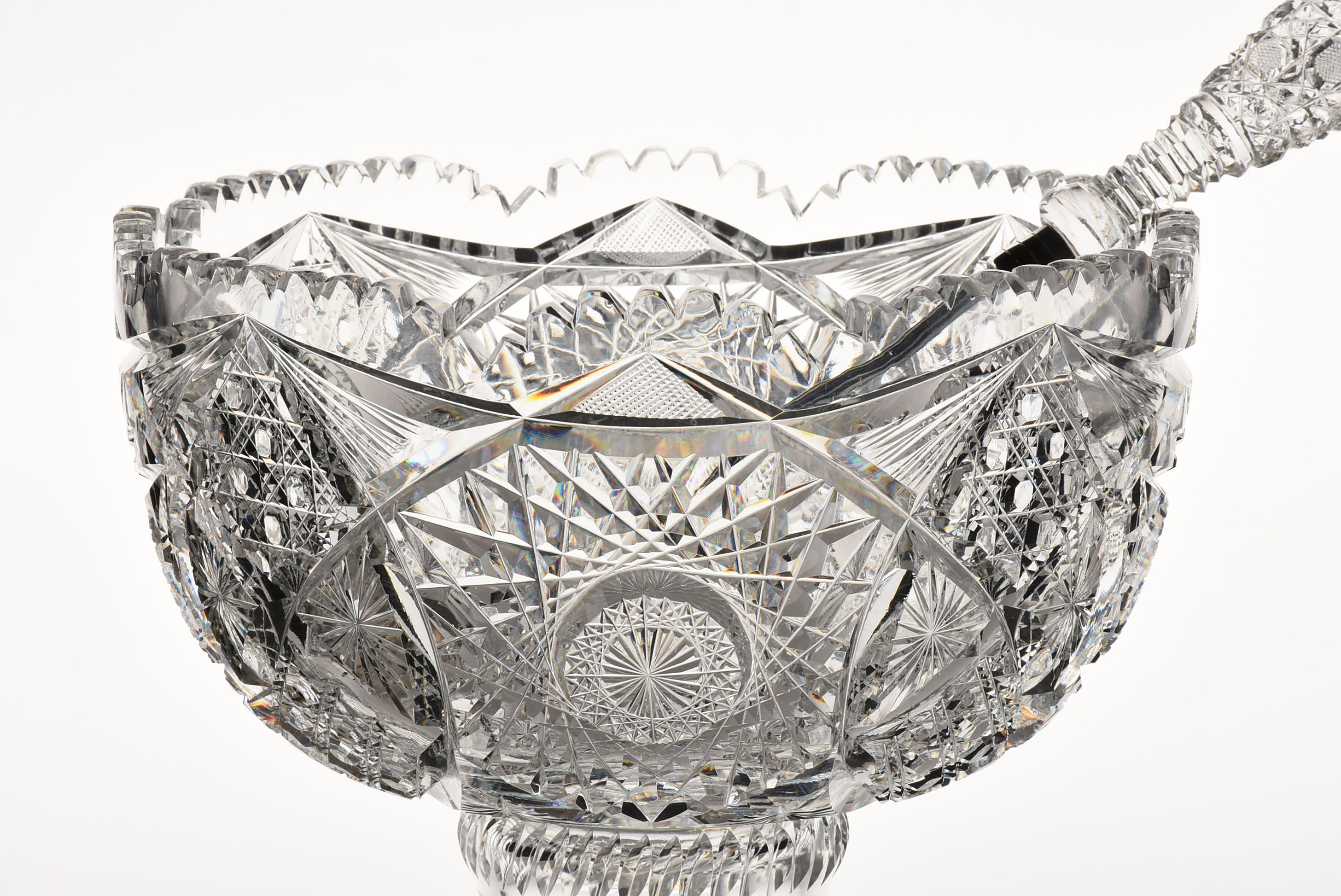 American Brilliant Period Cut Crystal Punch Bowl, Stand and Pairpoint Ladle