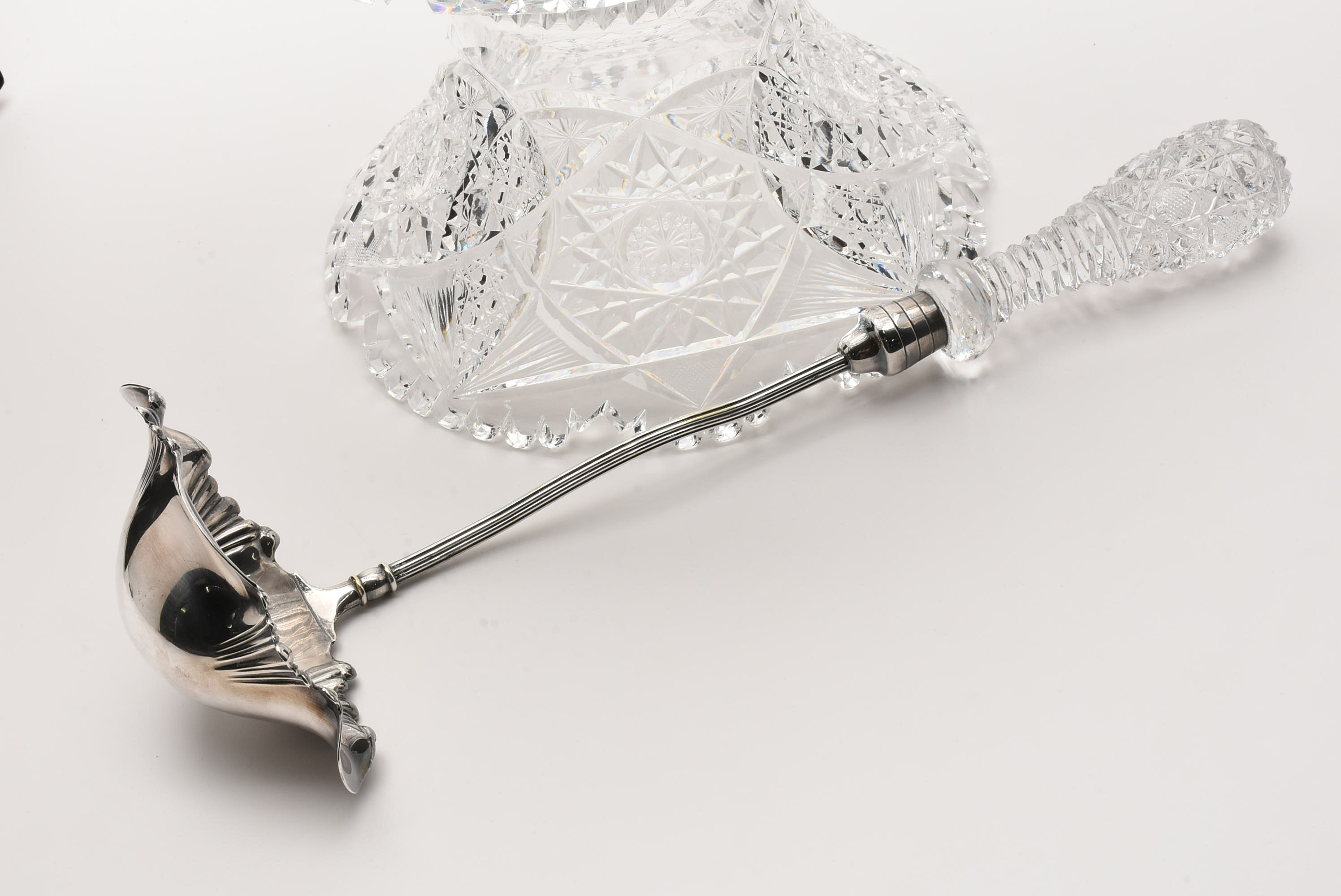 American Brilliant Period Cut Crystal Punch Bowl, Stand and Pairpoint Ladle