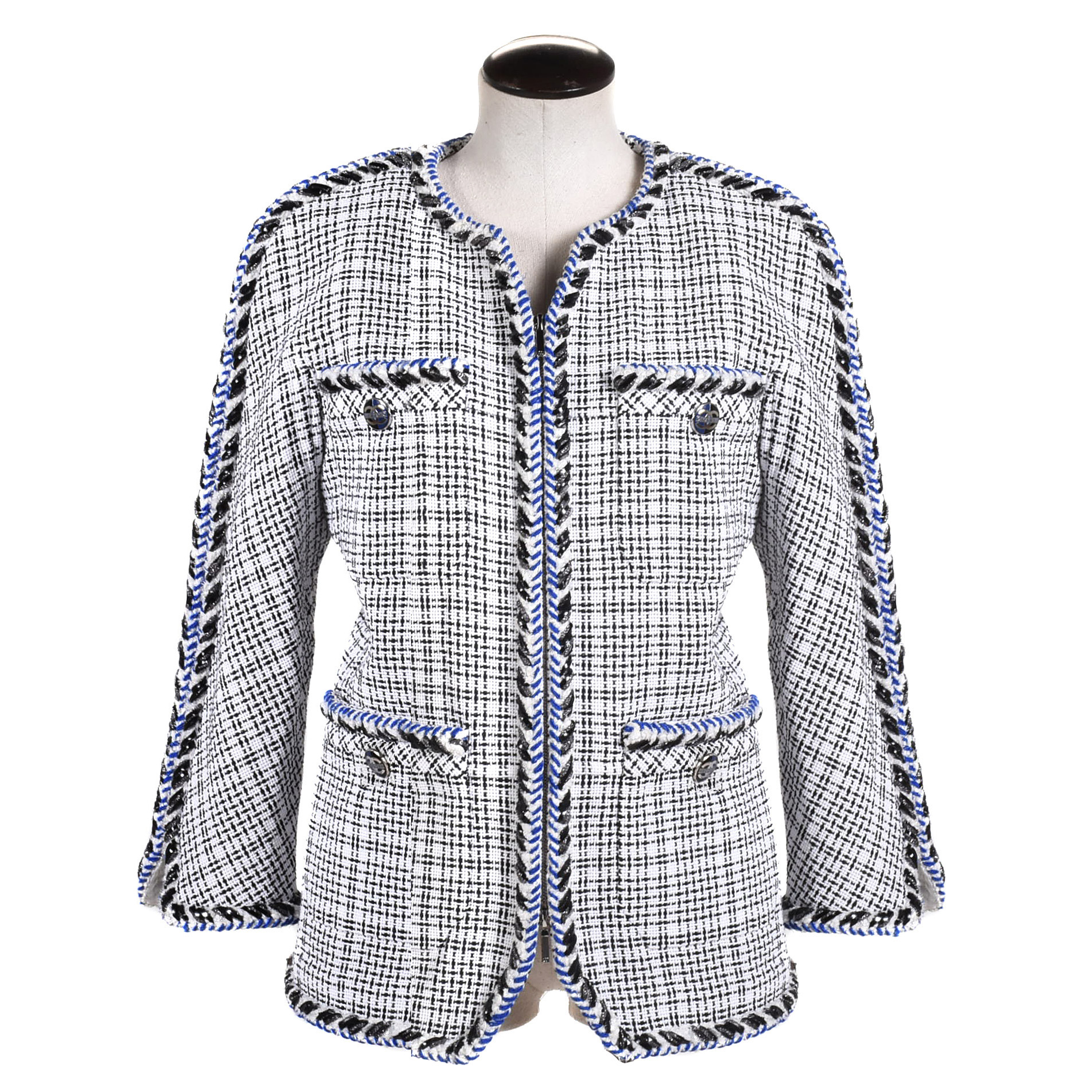 Women's Chanel Black and White Tweed Jacket with Blue Braided Trim