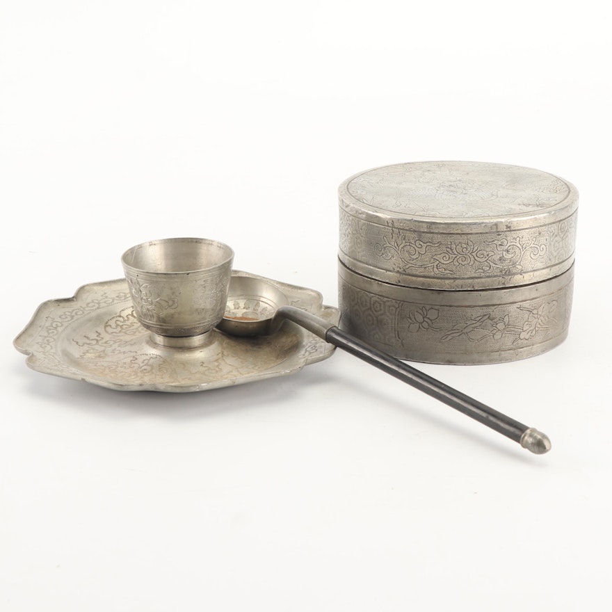 Chinese Hammered Metal Tea Canister and Tableware