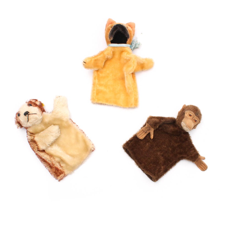 Vintage Steiff Boxer, Puppy, and Monkey Hand Puppets
