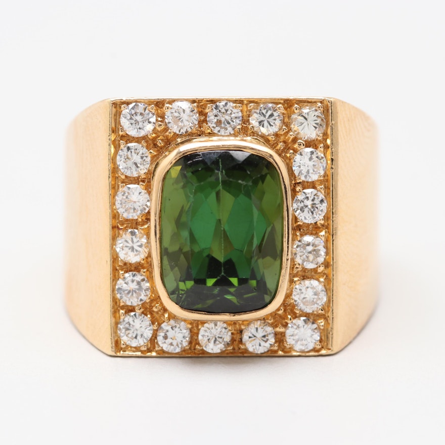 18K Yellow Gold 3.20 CT Green Tourmaline and Diamond Ring