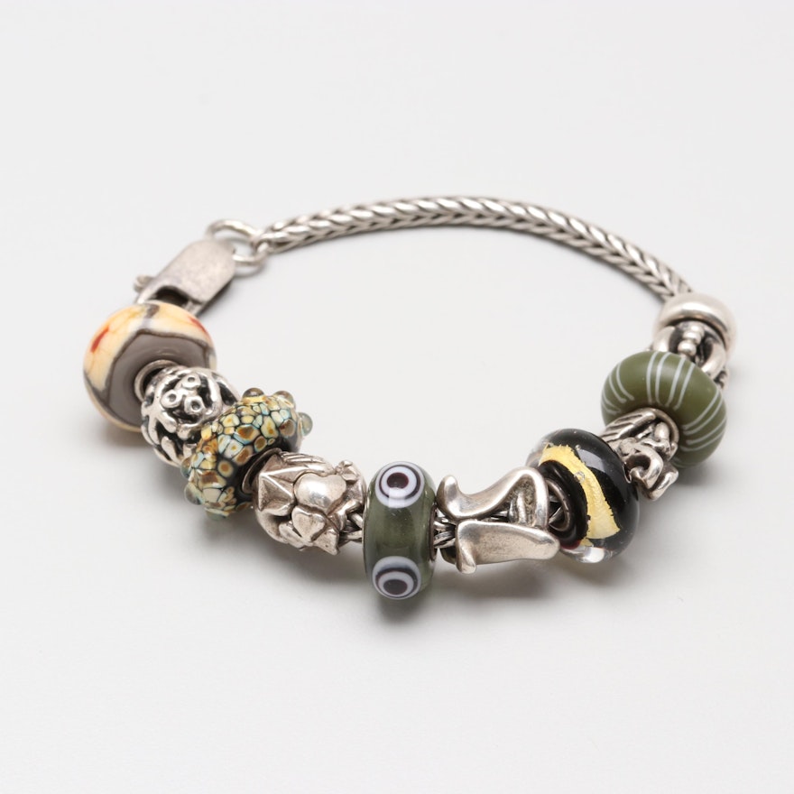 Troll Sterling Silver Bracelet with Troll Charms and Glass