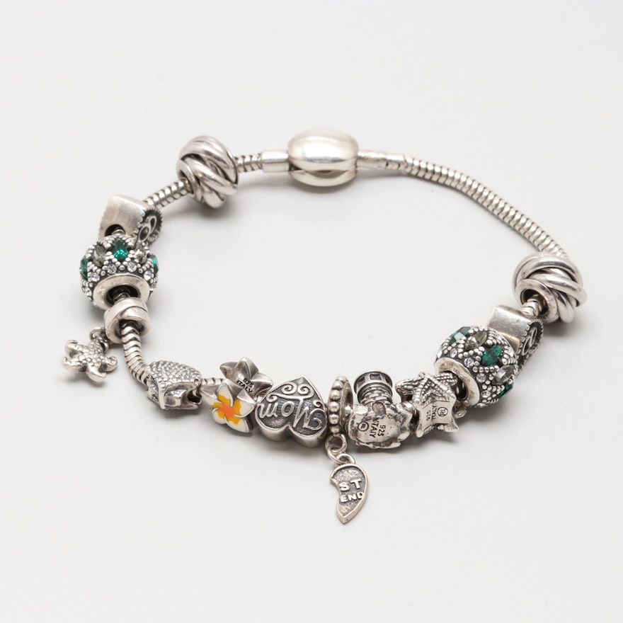 Charmed Memories Sterling Silver Enamel and Glass Crystal Charm Bracelet