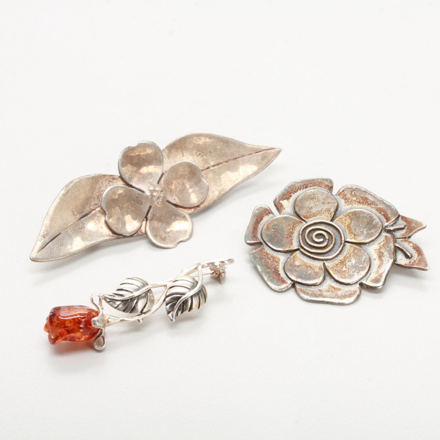Sterling Silver Foliate Brooches Including Amber