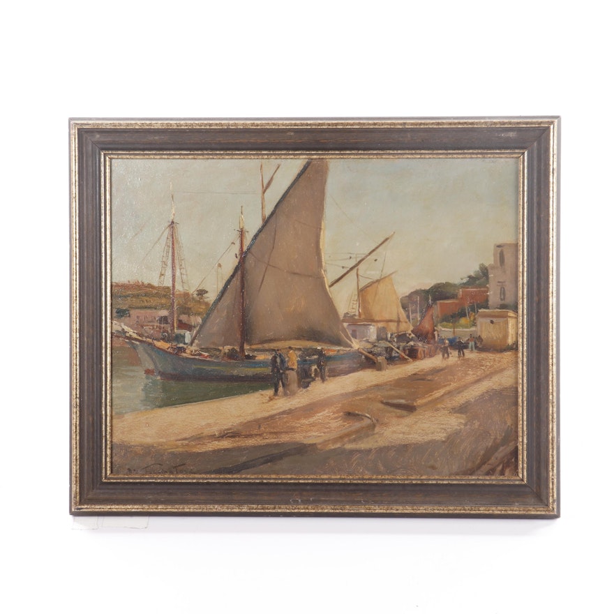 Nicola Fabricatore Oil Painting of Harbor Scene