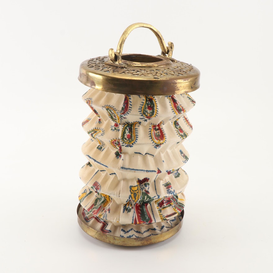 Persian Zoroastrian Reticulated Brass and Printed Fabric Accordion Lantern