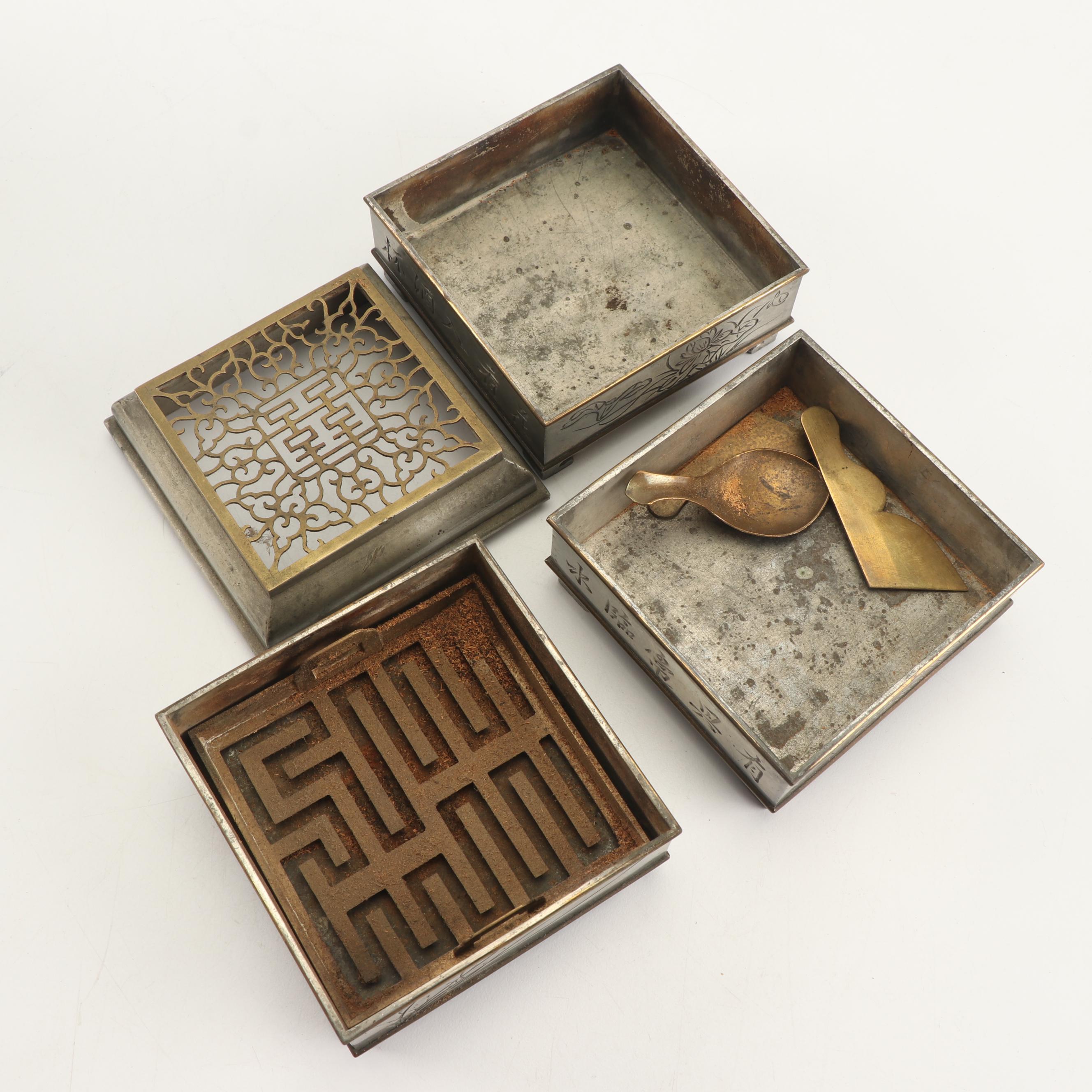 Chinese Baitong Incense Clock and Brass Censer, 20th Century